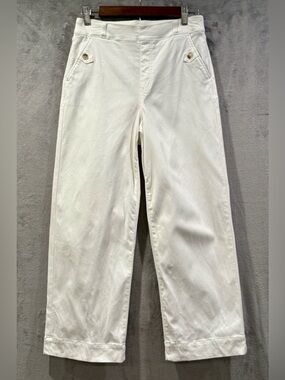 Spanx Womens White High Rise Twill Wide Leg Pull On Cropped Pants Size Med